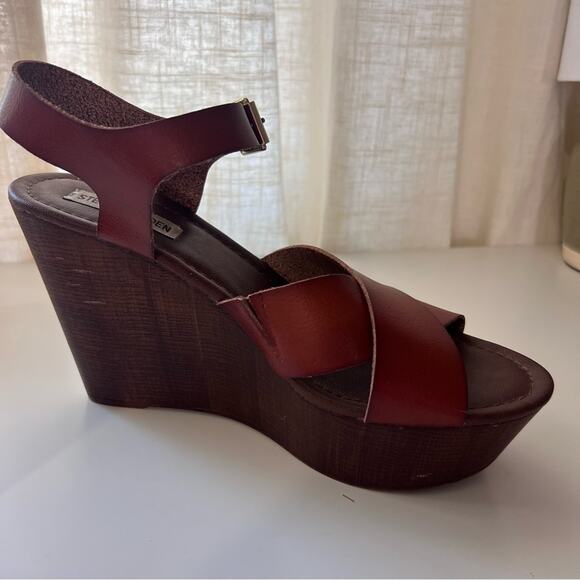 Steve Madden Brown Leather Crisscross Wedge Sandals Women’s 9.5 - Picture 4 of 6